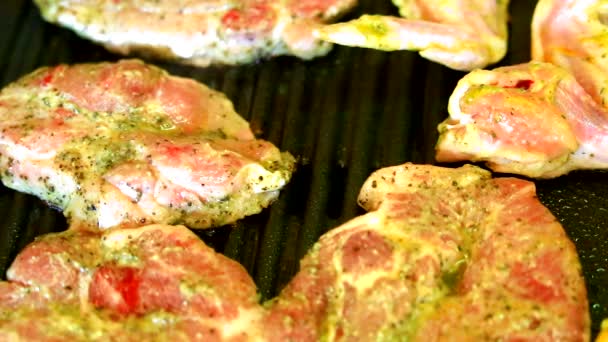 Baking fresh meat on grill — Stock Video