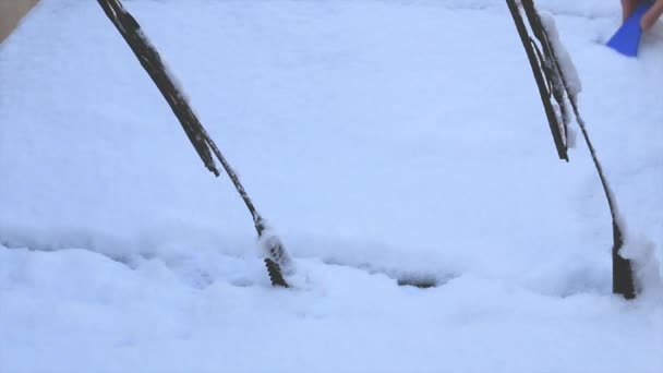 Man cleans car from snow — Stock Video