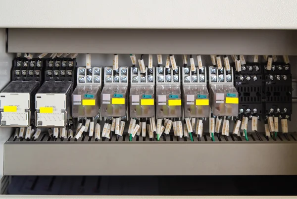 Relay panel with relays and wires — Stock Photo, Image