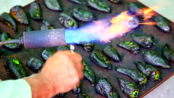 Man med en ljusare upplyst brännare till rostning peppar — Stockvideo