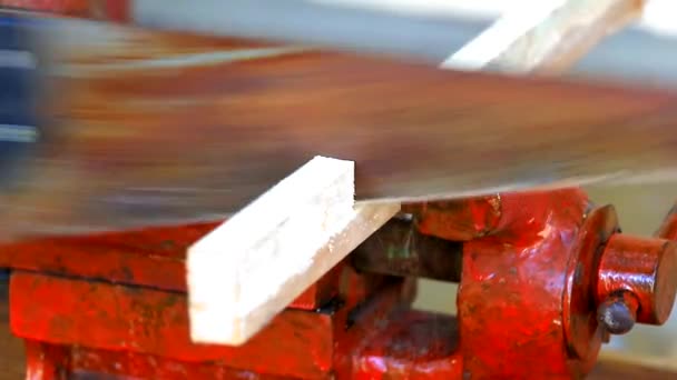 Carpenter sawing wooden plank with handsaw — Stock Video