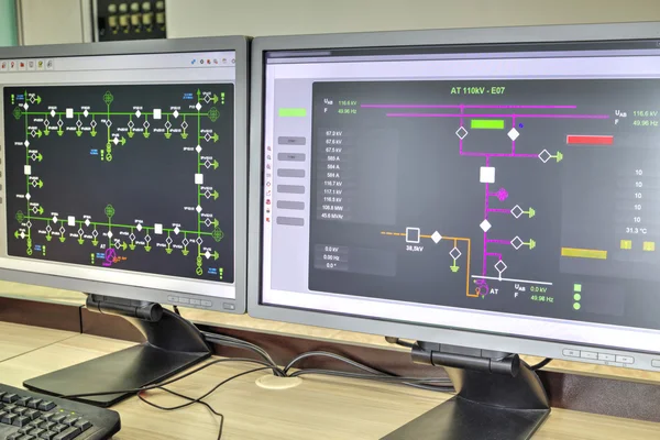 Computers and monitors with schematic diagram for supervisory, control and data acquisition — Stock Photo, Image