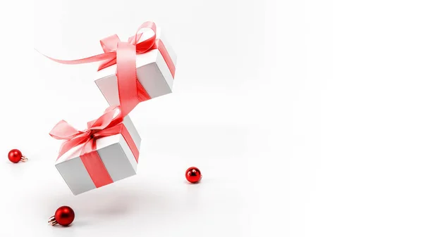 Зимний Дизайн Белые Подарки Красной Лентой Новогодними Шарами Рождественском Оформлении — стоковое фото