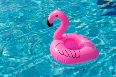 Yaz konsepti geçmişi. Yaz mevsimi için havuz suyunda şişirilebilir pembe flamingo. Havuz havuzu partisi