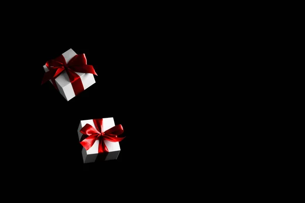 Sale Banner White Gifts Red Bow Falling Black Background Black — Stock Photo, Image