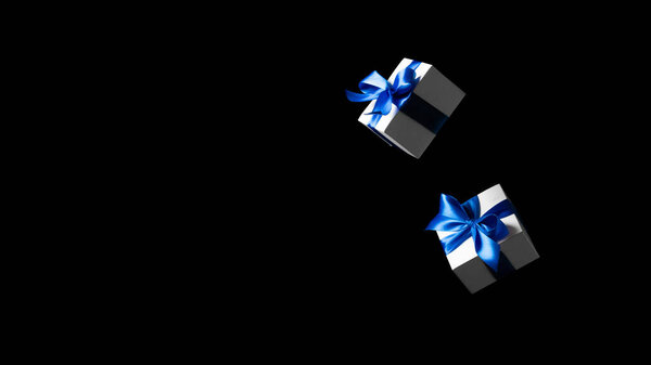 Распродажа в Черную пятницу. Белая подарочная коробка с голубой лентой на темном фоне в концепции Black Friday. Оформление и копирование текста