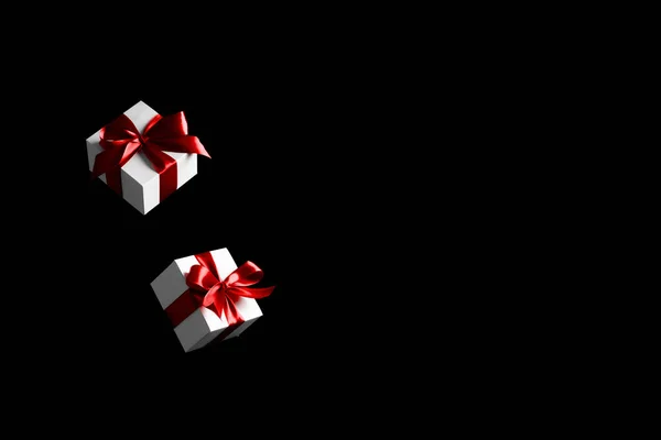 Online Christmas White Gift Box Red Ribbon Isolated Black Background — Stock Photo, Image