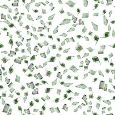 Para yığını kusursuz desen. Düşen banknotlar. Beyaz izolasyon geçmişi üzerine Avrupa parası