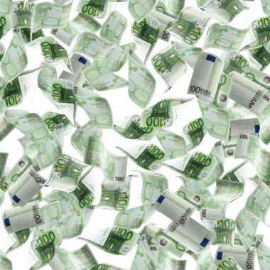 Para yığını kusursuz desen. Düşen banknotlar. Beyaz izolasyon geçmişi üzerine Avrupa parası