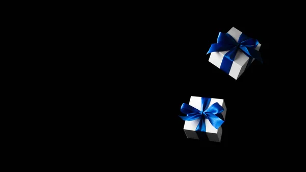 Gift Online White Gift Box Blue Ribbon Isolated Black Background — Stock Photo, Image