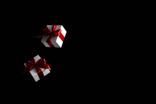黑色星期五甩卖 黑色星期五概念中的白色礼品盒 红色缎带隔离在深色背景下 文字的装饰和复制空间 — 图库照片