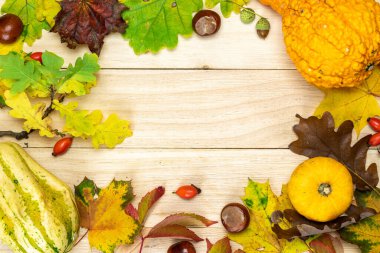 Cadılar Bayramı konsepti Sonbaharda turuncu balkabağıyla doğal hasat, kurumuş yapraklar, kırmızı böğürtlen ve meşe palamudu, şekil olarak ahşap arka planda kestaneler. Güzellik Tatili Sonbahar Festivali konsepti