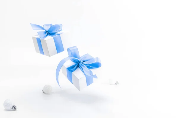 Christmas Decoration Blue Background White Gifts Blue Ribbon New Year — Stock Photo, Image