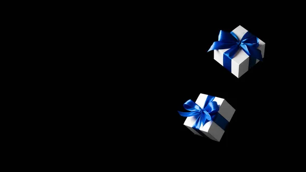 Navidad Línea Caja Regalo Blanca Con Cinta Azul Aislada Sobre —  Fotos de Stock