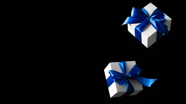 Discount Background White Gifts Blue Bow Falling Black Background Black — Stock Photo, Image