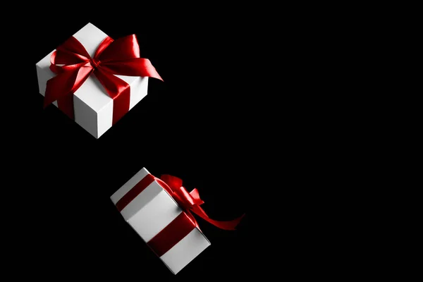 Sale Banner White Gifts Red Bow Falling Black Background Black — Stock Photo, Image