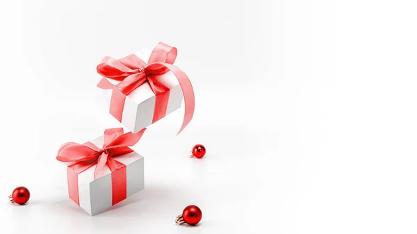 クリスマスリースだ 赤いリボンの白いギフトボックス グリーティングカードのための白い背景にクリスマスの組成物の新年のボール テキストの装飾とコピースペース — ストック写真
