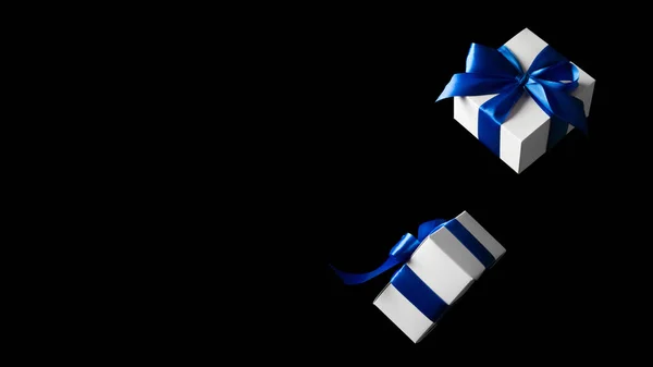 Έκπτωση Φόντο Λευκά Δώρα Μπλε Φιόγκο Που Πέφτουν Μαύρο Φόντο — Φωτογραφία Αρχείου