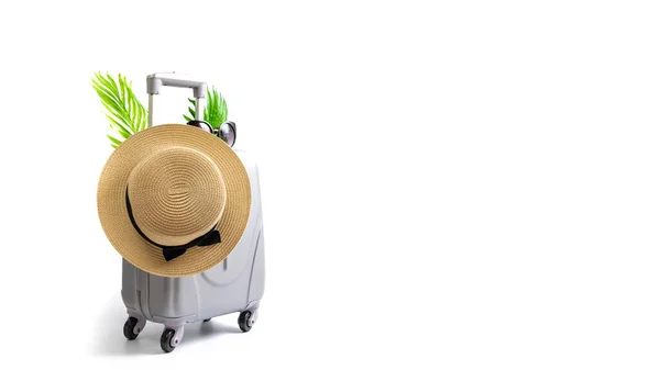 Affiche Des Vacances Été Accessoires Femme Voyageur Valise Chapeau Paille — Photo