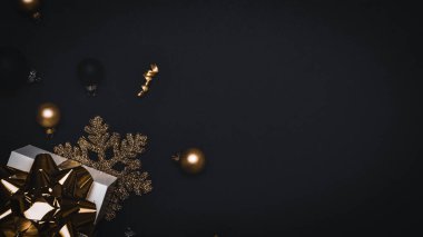 Noel hediyesi. Altın yay, altın toplar ve parlak ışık çelenkleriyle dolu beyaz bir hediye. Karanlık arka planda tebrik kartı için. Metin için alanı olan Xmas arkaplanı