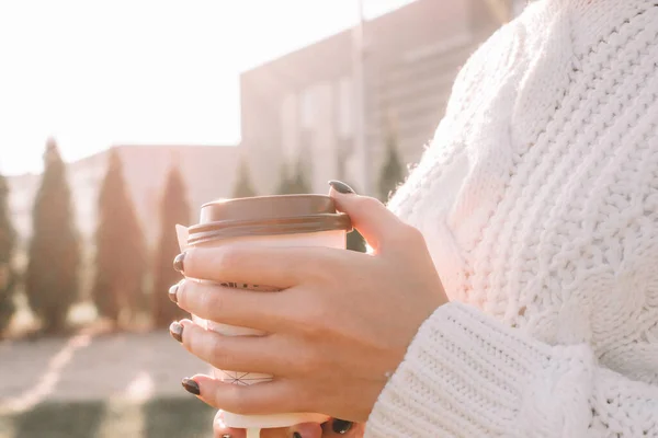 Coffee Cup Happy Young Woman Mug Drink Tea Morning Sunshine — Stock Photo, Image