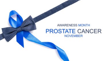 Kanser farkındalığı mavisi. Mavi kurdele, beyaz arka planda izole edilmiş moda papyonu. Kasım ayında erkek sağlığının prostat kanseri olduğunun farkındalığı. Movember ve Uluslararası Erkekler Günü