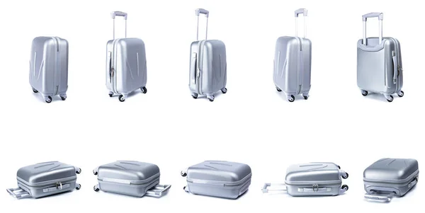 Bőrönd Fehér Háttér Ezüst Műanyag Poggyász Vagy Nyaralás Poggyász Gyűjtemény — Stock Fotó
