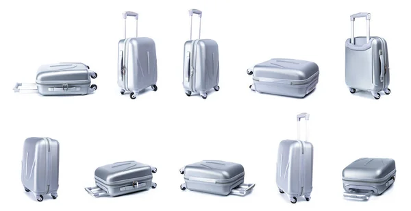 Fehér Bőrönd Állítsa Ezüst Utazási Poggyász Táska Vagy Műanyag Poggyász — Stock Fotó