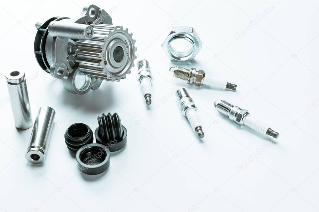 Car construct. Set of new metal car part. Auto motor mechanic spare or automotive piece isolated on white background. Technology of mechanical gear