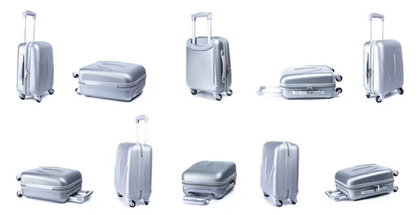 Fehér Bőrönd Állítsa Ezüst Utazási Poggyász Táska Vagy Műanyag Poggyász — Stock Fotó