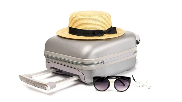 Affiche Des Vacances Été Femme Accessoires Voyageur Valise Chapeau Paille — Photo