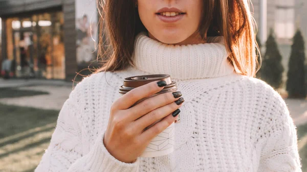 Girl Drink Coffee Happy Young Woman Cup Tea Morning Sitting — Stock Photo, Image