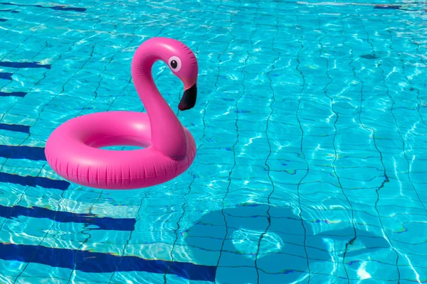 Nyáron Rózsaszín Felfújható Flamingó Medencében Víz Nyári Strand Háttér Vicces — Stock Fotó