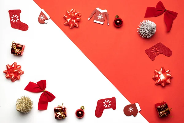 Christmas Gift Stocking Gifts Winter Tree Ribbon Bow Shape Frame — Φωτογραφία Αρχείου