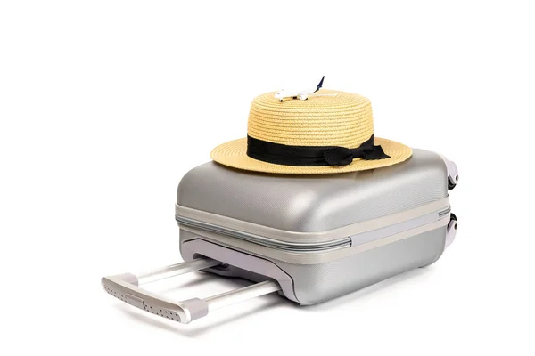 Καλοκαιρινό Υπόβαθρο Ταξιδιωτικά Αξεσουάρ Βαλίτσα Ψάθινο Καπέλο Παιχνίδι Αεροπλάνο Minimal — Φωτογραφία Αρχείου