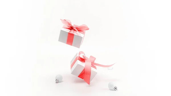 Fond Noël Cadeaux Blancs Avec Ruban Rouge Boules Nouvel Décoration — Photo