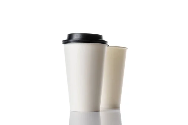Бізнес Паперова Чашка Гарячої Кави Чорною Кришкою Ізольована Білому Тлі — стокове фото