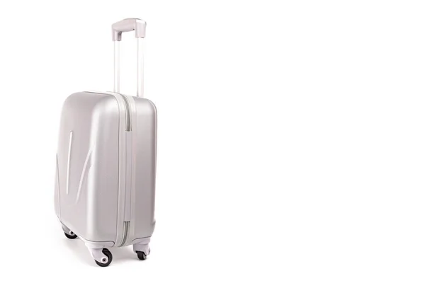 Utazás Elszigetelve Ezüst Utazási Műanyag Bőrönd Vagy Nyaralás Poggyász Táska — Stock Fotó