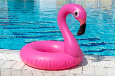 Pembe havuz. Yaz mevsimi için havuz suyunda şişirilebilir pembe flamingo. Havuz havuzu partisi