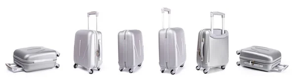 Poggyász Elkülönítve Állítsa Ezüst Utazási Műanyag Bőrönd Vagy Nyaralás Táska — Stock Fotó