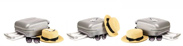 Bagage Geïsoleerd Reisaccessoires Set Met Koffer Strohoed Speelgoed Vliegtuig Minimale — Stockfoto