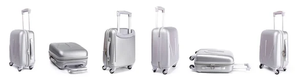 Utazó Bőrönd Elkülönítve Állítsa Ezüst Műanyag Poggyász Vagy Nyaralás Poggyász — Stock Fotó