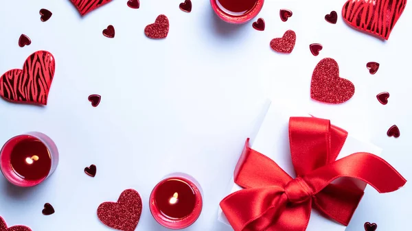 Fondo San Valentín Corazones Rojos Amor Caja Regalo Romántica Vela — Foto de Stock