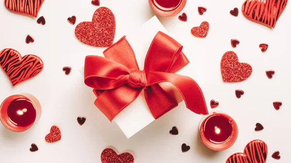 Fondo San Valentín Corazones Rojos Amor Caja Regalo Romántica Vela —  Fotos de Stock