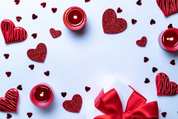 Composición San Valentín Corazones Amor Rojos Caja Regalo Romántica Vela — Foto de Stock