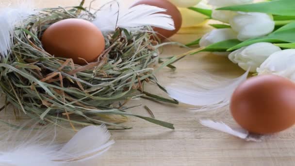 Symbol Wielkanocy Naturalne Kolorowe Jaja Koszyku Wiosennymi Tulipanami Białe Pióra — Wideo stockowe
