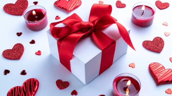 Alla Hjärtans Dag Vacker Romantisk Presentask Röda Kärlek Hjärtan Ljus — Stockfoto