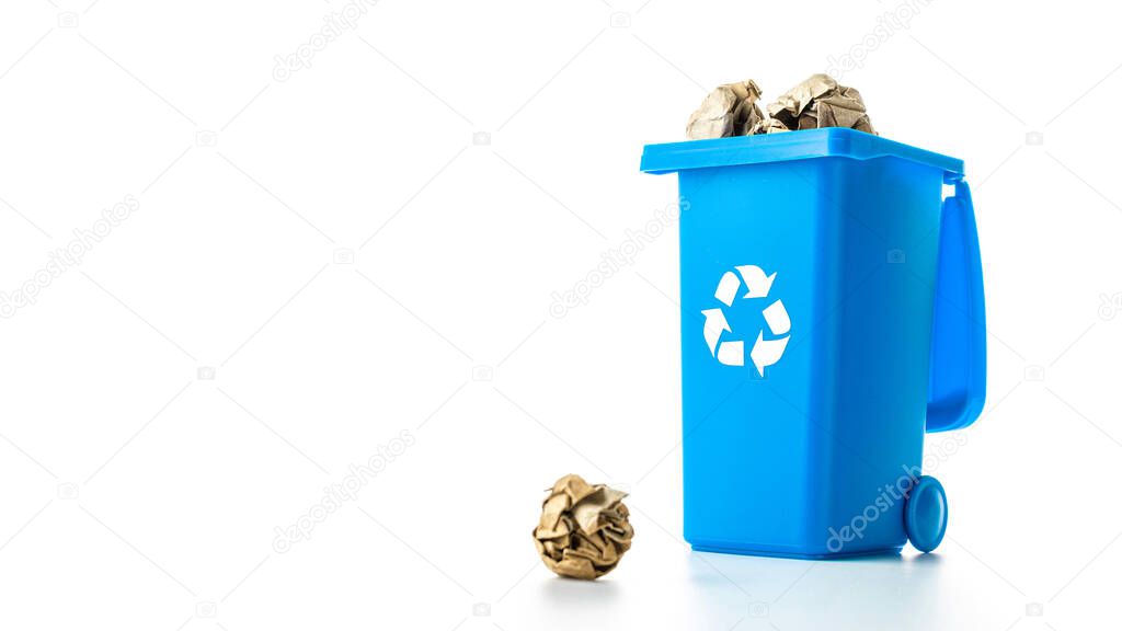Recycled paper. Blue dustbin for recycle plastic and glass can trash isolated on white background. Bin container for disposal garbage waste and save environment