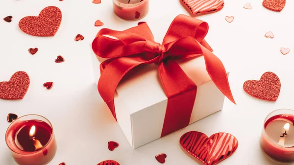 Fondo San Valentín Corazones Rojos Amor Caja Regalo Romántica Vela — Foto de Stock