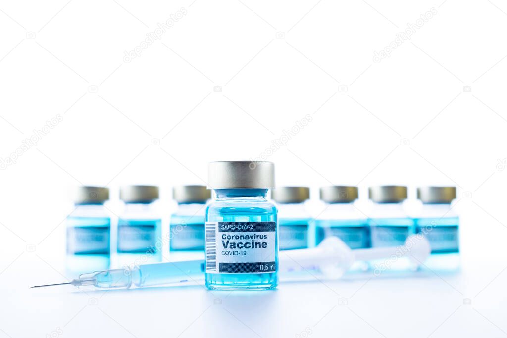 Cancer virus. Medical syringe with needle for protection flu virus and coronavirus. Covid vaccine on white. Medicine concept vaccination hypodermic injection treatment